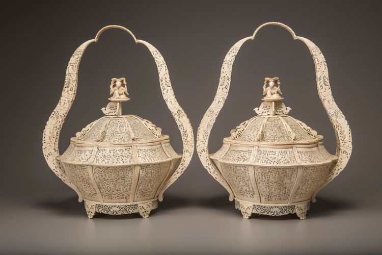 A pair of Cantonese ivory baskets and covers