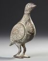 A PERSIAN SILVER INLAID BRONZE BIRD, KHURASSAN STYLE, 19TH-20TH CENTURY