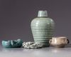 Three Chinese crackle-glazed objects and a robins egg glazed washer