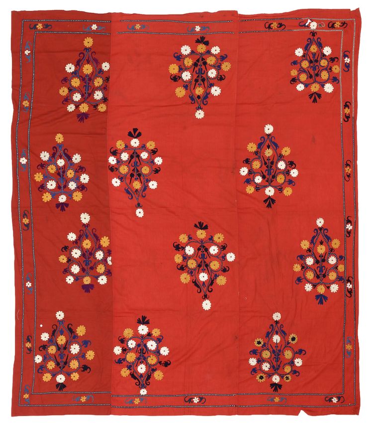A RED-GROUND COLORFUL PANEL,UZBEKISTAN, 20TH CENTURY