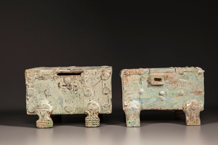 Two green-glazed pottery money boxes