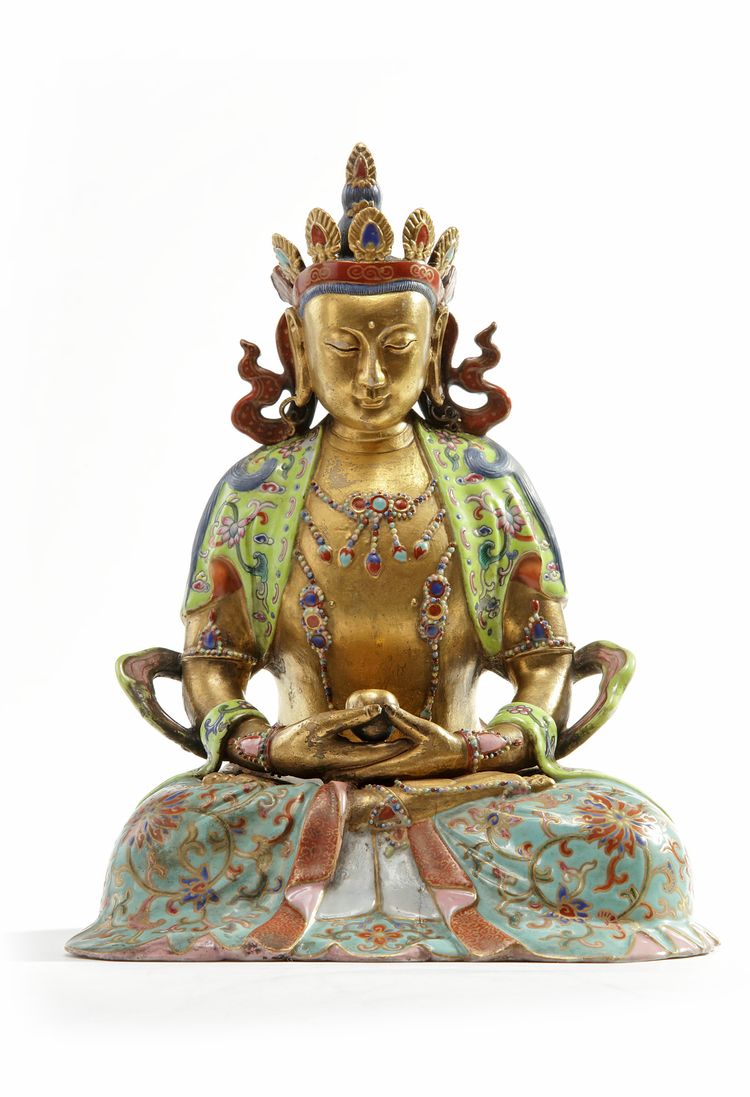 A Chinese famille rose and gilt seated Amitayus
