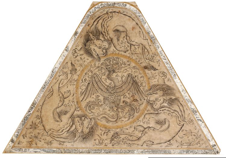 A TRAPEZOID SHAPED DRAWING OF THREE LIONS ENCIRCLING A PHOENIX, PROBABLY HERAT OR TABRIZ, EARLY 15TH CENTURY