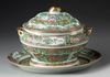 A CANTONESE FAMILLE ROSE TUREEN, COVER AND STAND, 19TH CENTURY