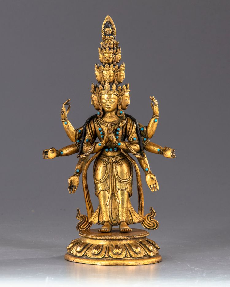 A Sino-Tibetan gilt bronze multi-headed Avalokitesvara