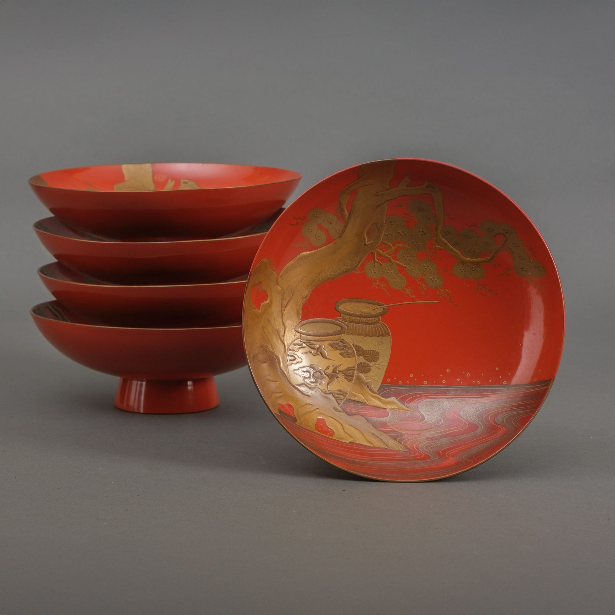 FIVE LARGE LACQUER SAKAZUKI 盃 (SAKE SAUCER CUPS)