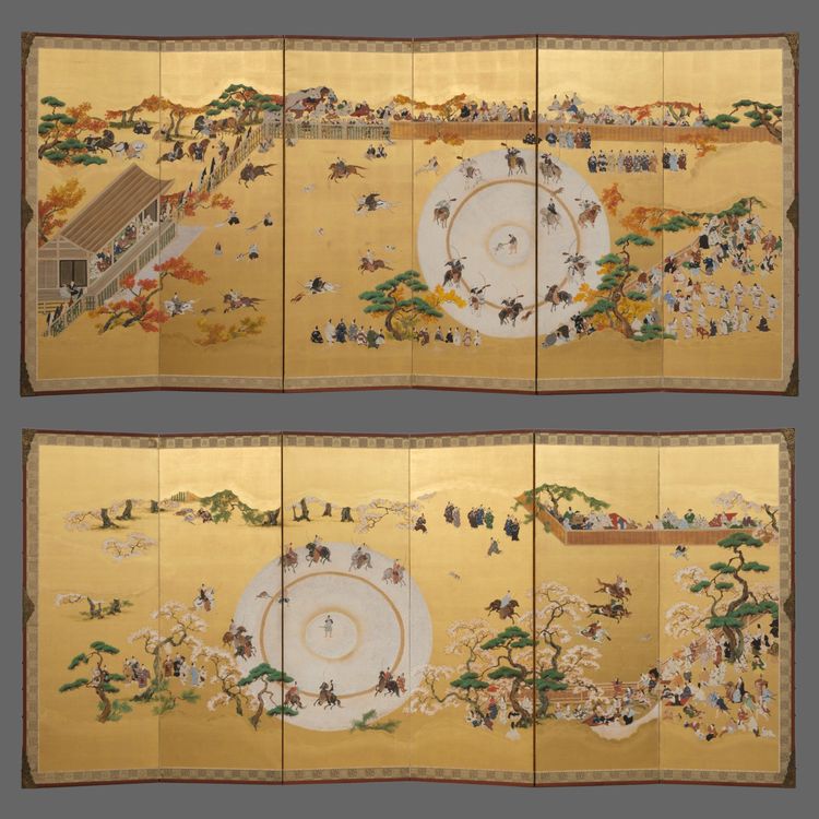 A JAPANESE PAIR OF TALL SIX-PANEL BYÔBU, 18TH CENTURY