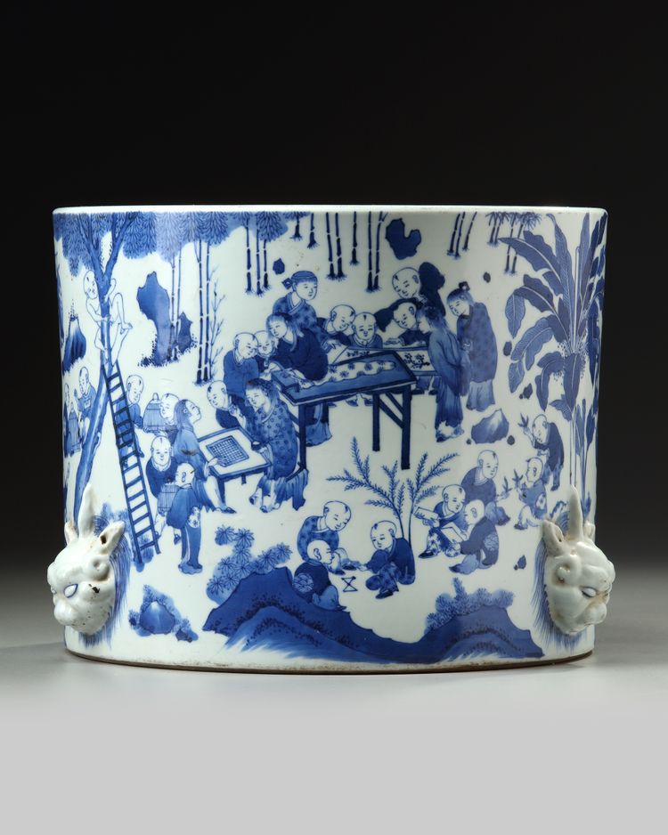 A large Chinese blue and white 'hundred boys' brush pot