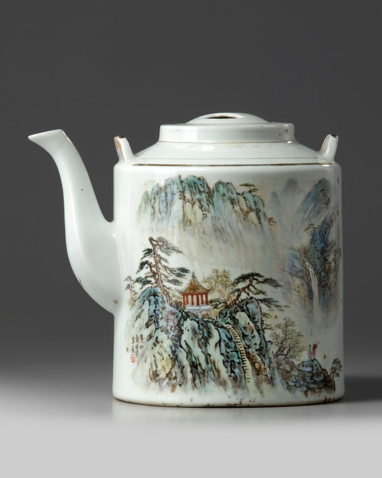A Chinese famille rose 'landscape' teapot and cover