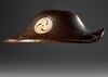 A JAPANESE JINGASA SAMURAI TRAVELING HAT WITH MITSUDOMOE CRESTS — GOLDLEAF INTERIOR & AGE-WORN CHARM,EDO PERIOD (1615–1868)