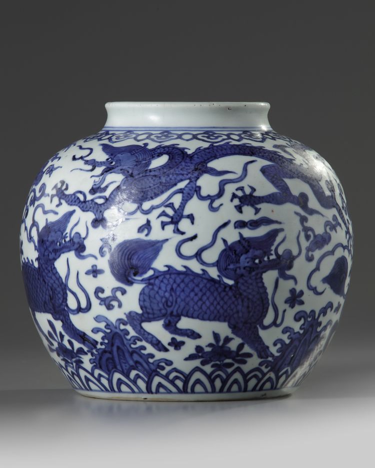 A Chinese blue and white 'dragon and qilin' jar