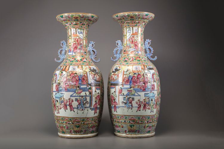 A pair of large Cantonese famille rose baluster vases