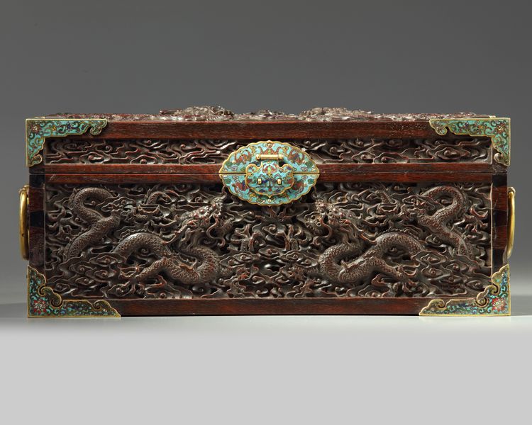 A Chinese zitan box with cloisonné enamel mounts