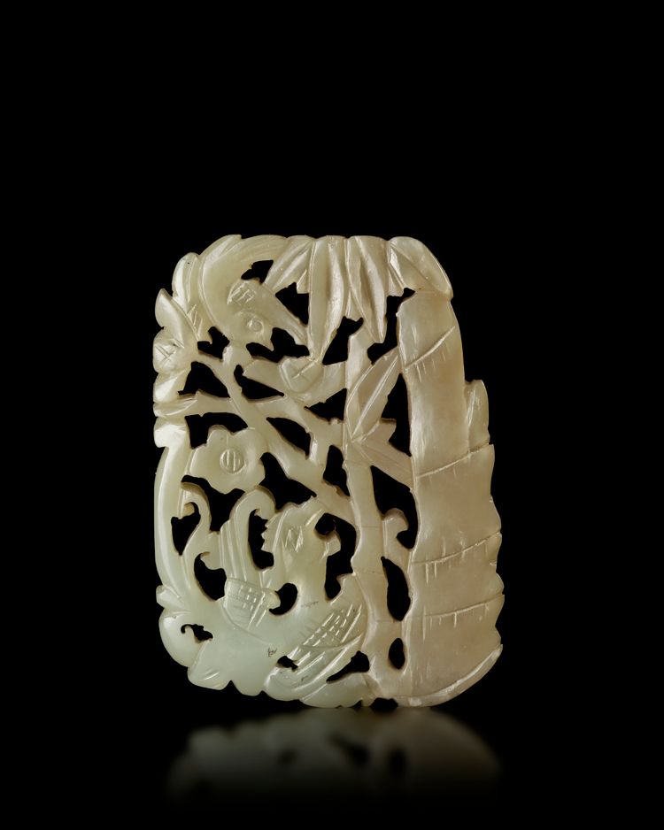 A CHINESE RETICULATED JADE" PHOENIX AND BAMBOO" PLAQUE, 20TH CENTURY