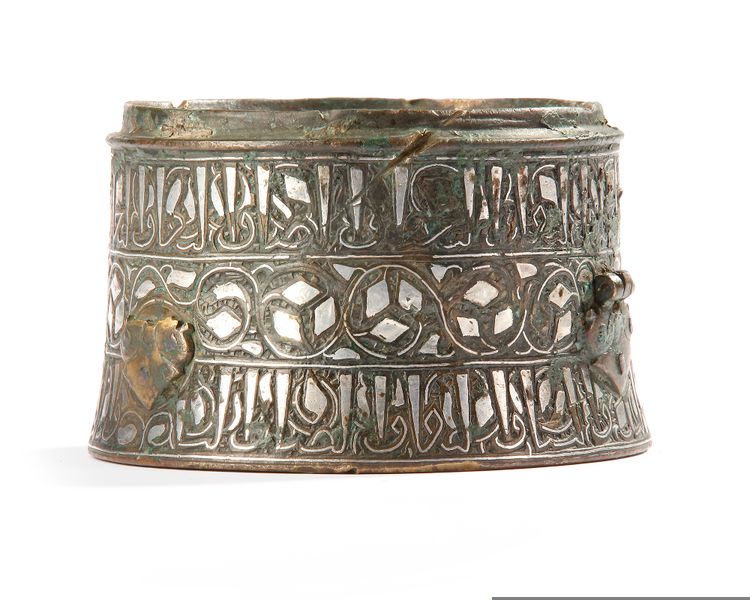 A BRONZE INSCRIBED SILVER-INLAY INKWELL BODY, KHORASAN,  12TH-13TH CENTURY