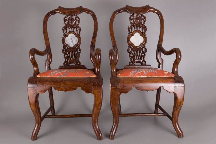 A PAIR OF CHINESE HARDWOOD CHAIRS WITH MARBLE BACKREST