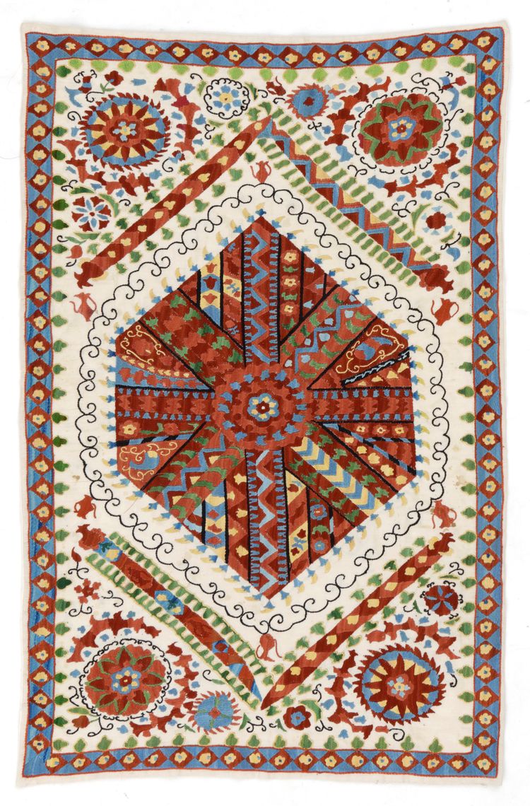 AN UZBEKI SILK  EMBROIDERY HANGING PANEL,CENTRAL ASIA, 19TH CENTURY