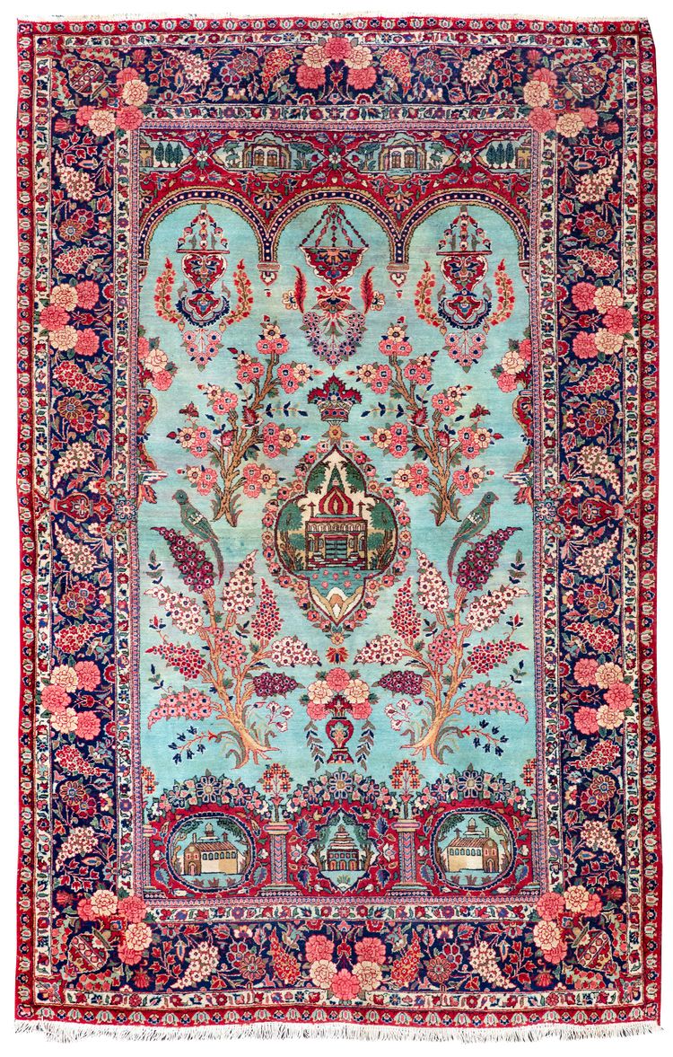 A PERSIAN KASHAN RUG, LIGHT BLUE  BACKGROUND, CA. 1920