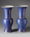 A pair of Chinese powder blue-ground gilt-decorated phoenix tail vases