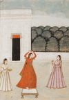 LADY ON TERRACE WITH ATTENDANTS, JAIPUR SCHOOL, 19TH CENTURY