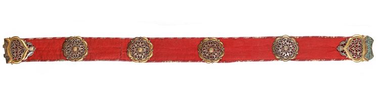 A BUKHARA TURQUOISE-INLAID SILVER-GILT MOUNTED BELT, CENTRAL ASIA, LATE 19TH CENTURY