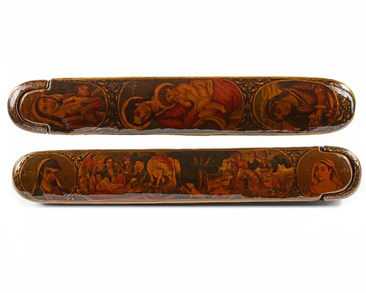 A PAIR OF QAJAR LACQUER PAPIER-MACHÉ PENBOXES (QALAMDAN), PERSIA, 19TH CENTURY