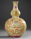 A CHINESE FAMILLE ROSE DOUBLE-GOURD YELLOW GROUND VASE, 20TH CENTURY
