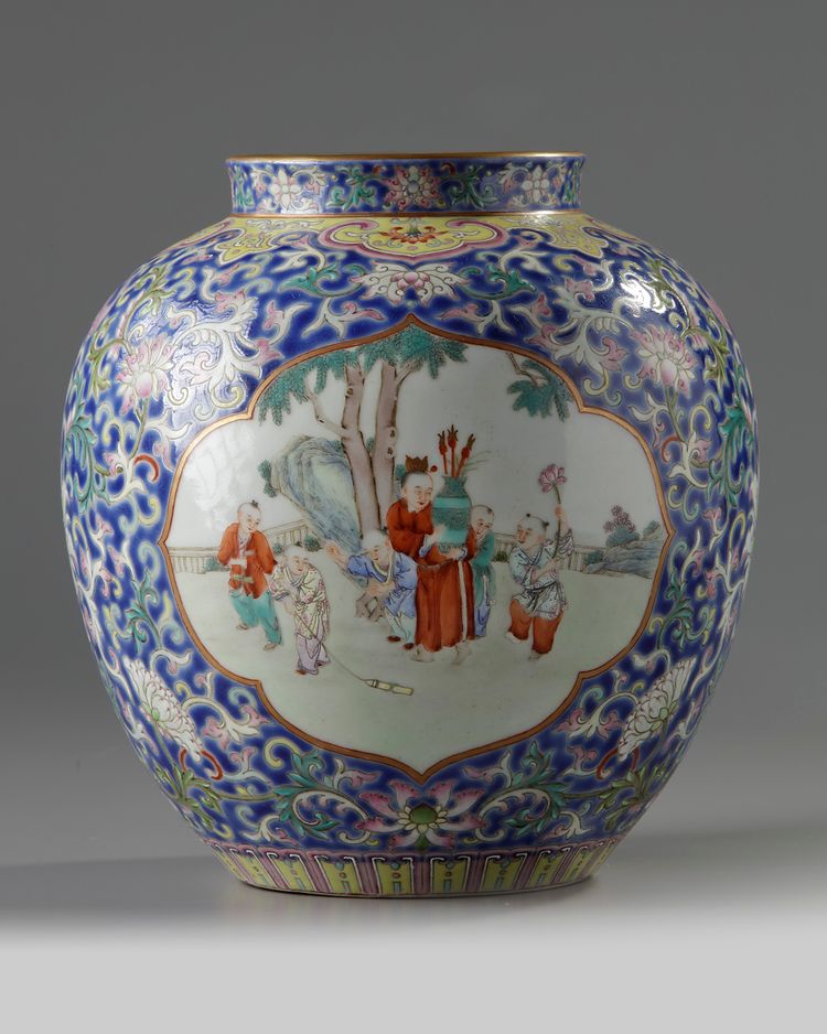 A Chinese blue-ground famille rose ‘boys’ jar