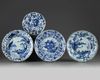 Four Chinese blue and white foliate-rimmed 'scholar landscape' dishes