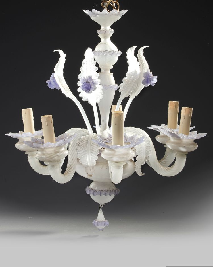 A SIX ARMED MURANO OPALINE CHANDELIER,19TH CENTURY