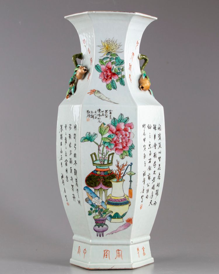 A Chinese hexagonal famille rose vase