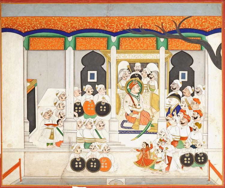 MAHARAJA  OF KOTAH HOLDING A DURBAR, KOTAH NORTH INDIA, RAJASTHAN, LATE 19TH CENTURY