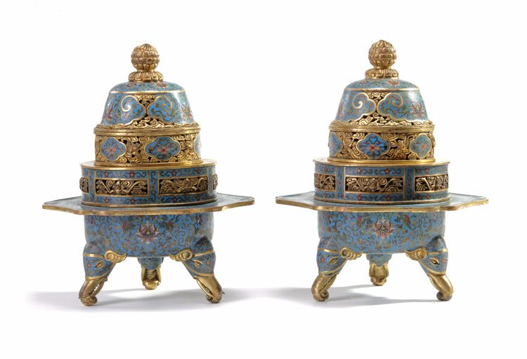 A pair of Chinese cloisonne enamel 'scrolling lotus' tripod censers and covers