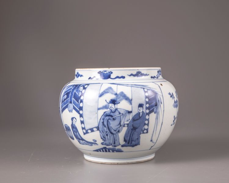 A blue and white globular jar