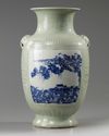 A Chinese celadon-ground blue and white moulded vase