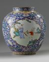 A Chinese blue-ground famille rose ‘boys’ jar