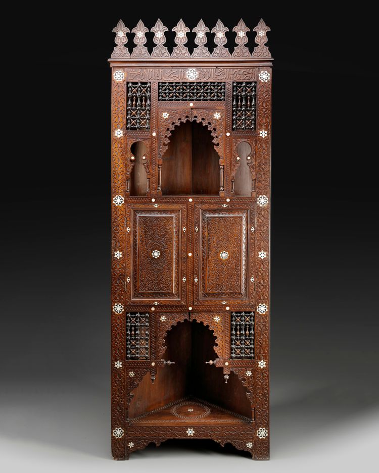 A SYRIAN BONE INLAID HARDWOOD CORNER CABINET, 19TH CENTURY