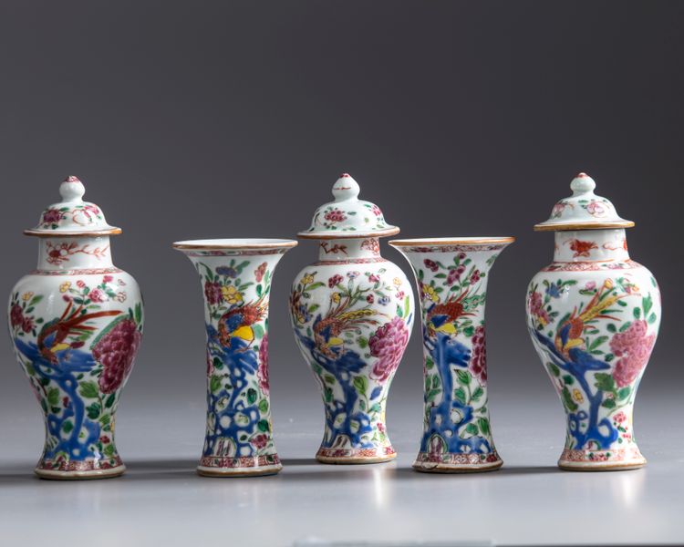 A small Chinese famille rose 'pheasant and peony' five-piece garniture