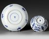A CHINESE BLUE AND WHITE PORCELAIN DISH AND CUP, KANGXI PERIOD