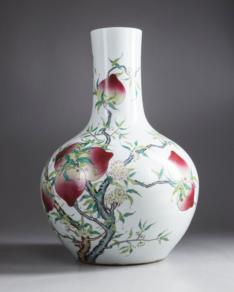 A Chinese famille rose 'nine peaches' bottle vase, tianqiuping