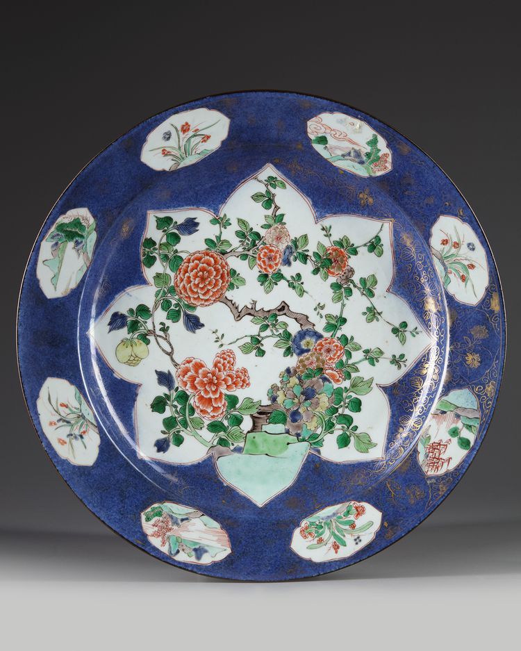 A CHINESE POWDER BLUE-GROUND FAMILLE VERTE CHARGER