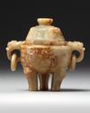 A CHINESE RUSSET JADE TRIPOD CENSER AND COVER 