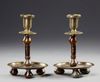 A PAIR OF OTTOMAN INLAID AGATE AND ENGRAVED BRASS DAMASCUS-WARE CANDLESTICKS, SYRIA, EARLY 20TH CENTURY