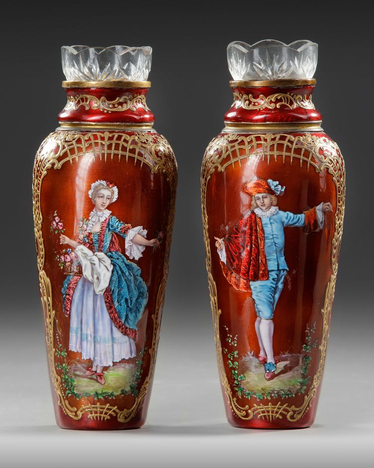 A PAIR OF RED ENAMEL VASES, AUSTRIA, 19TH CENTURY
