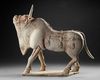 A VERY RARE LARGE OF A WALKING OX IN FULL HARNESS, CHINA, SIX DYNASTIES (220-582 AD)