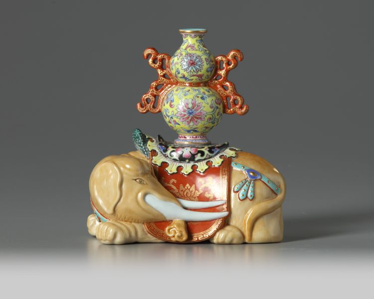 A Chinese famille rose caparisoned elephant joss stick holder