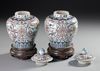 A PAIR OF FAMILLE ROSE VASES WITH LIDS ON WOODEN STANDS, CHINA, 19TH CENTURY