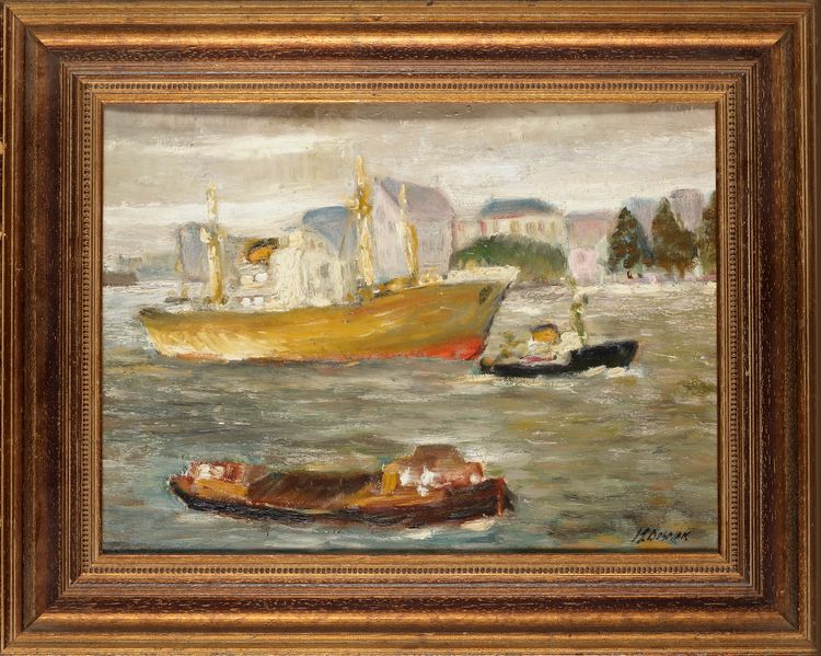 HARBOR SCENE, OIL ON CANVAS