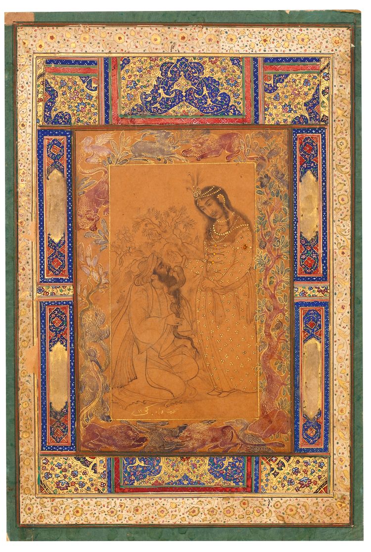 A MAIDEN AND A BEARDED SNAKE CHARMER IN ROCKY LANDSCAPE, QAJAR, PERSIA, 19TH CENTURY