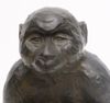 A large Japanese bronze figure of a monkey sitting on a rock with a persimmon in its hand
